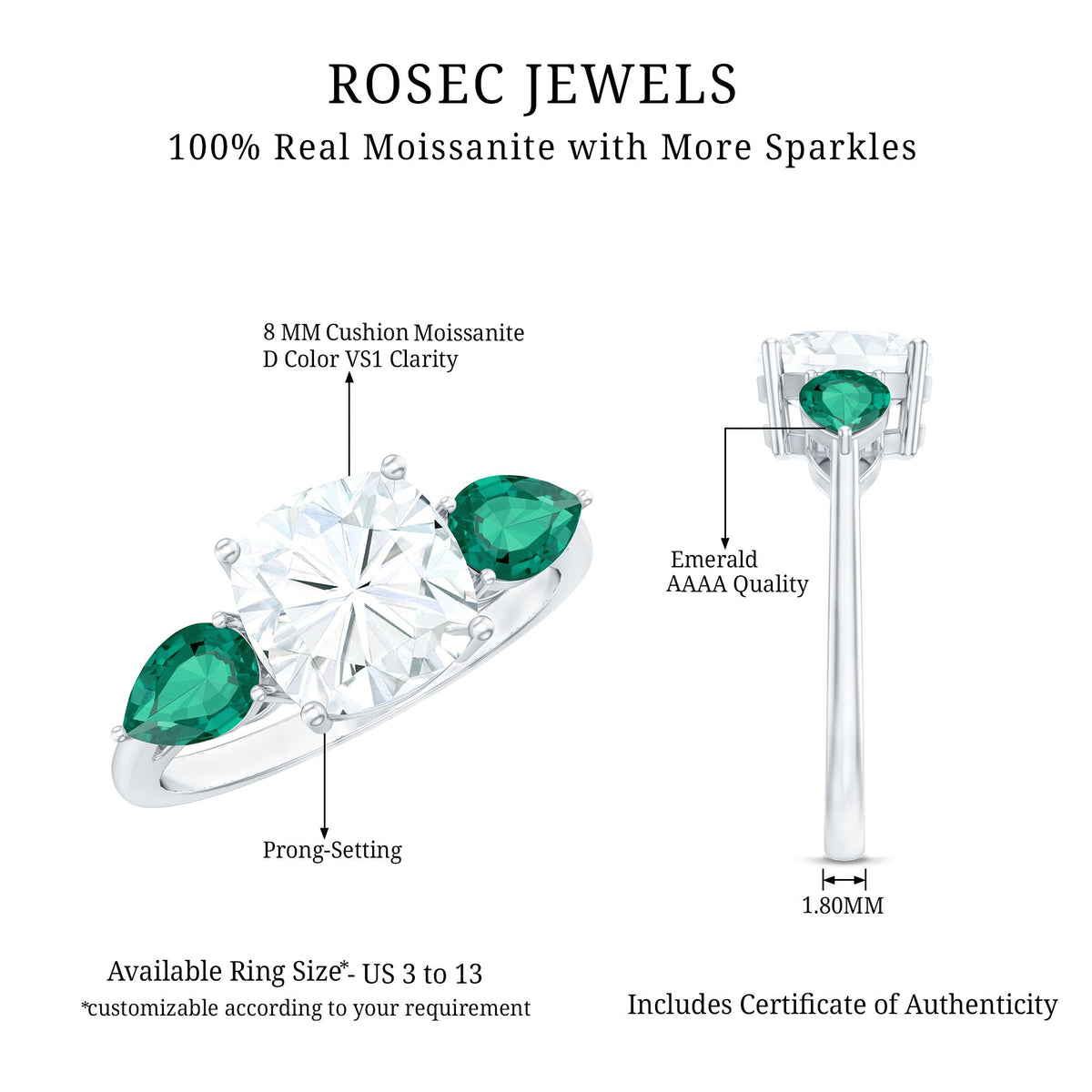 Three Stone Engagement Ring – 3 Ct Cushion Cut Moissanite with Pear Cut Emerald
