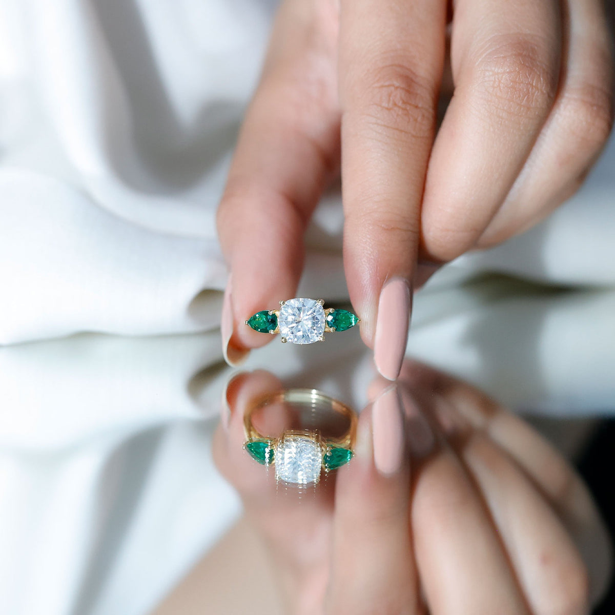 Three Stone Engagement Ring – 3 Ct Cushion Cut Moissanite with Pear Cut Emerald