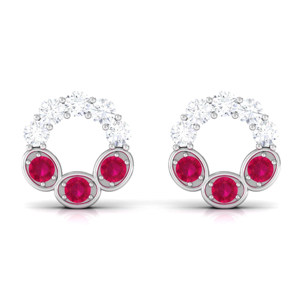 Three Stone Ruby Eternity Stud Earrings with Diamond