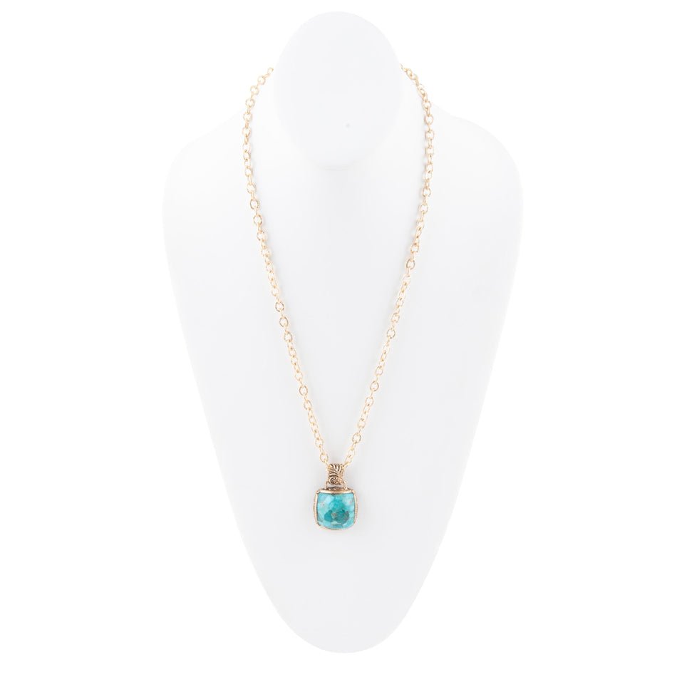 Carved Blue Turquoise Stone Golden Pendant Necklace