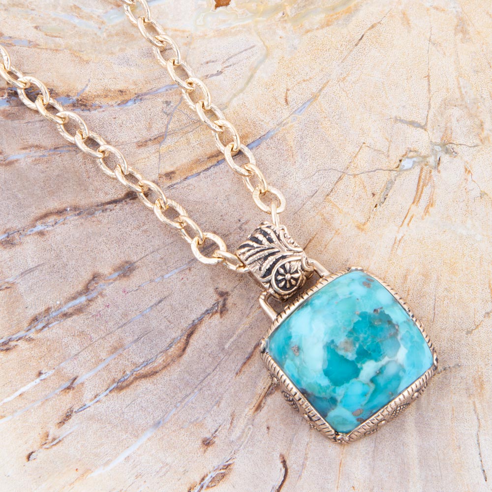 Carved Blue Turquoise Stone Golden Pendant Necklace
