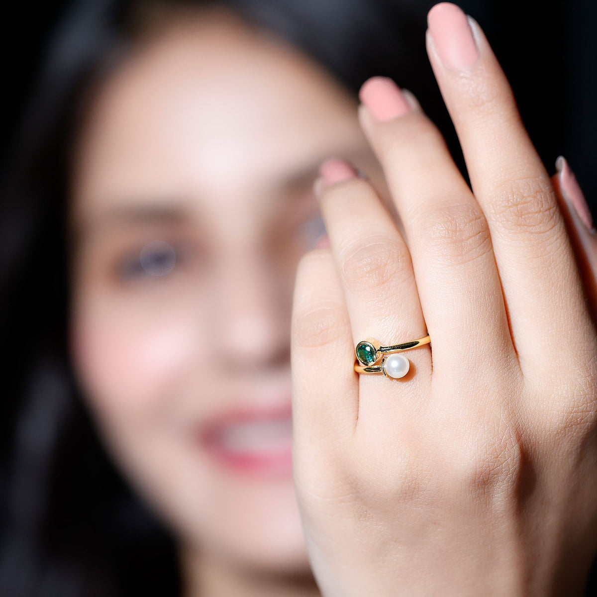 Toi Et Moi Promise Ring – Freshwater Pearl & Lab Created Emerald Wrap Style Design