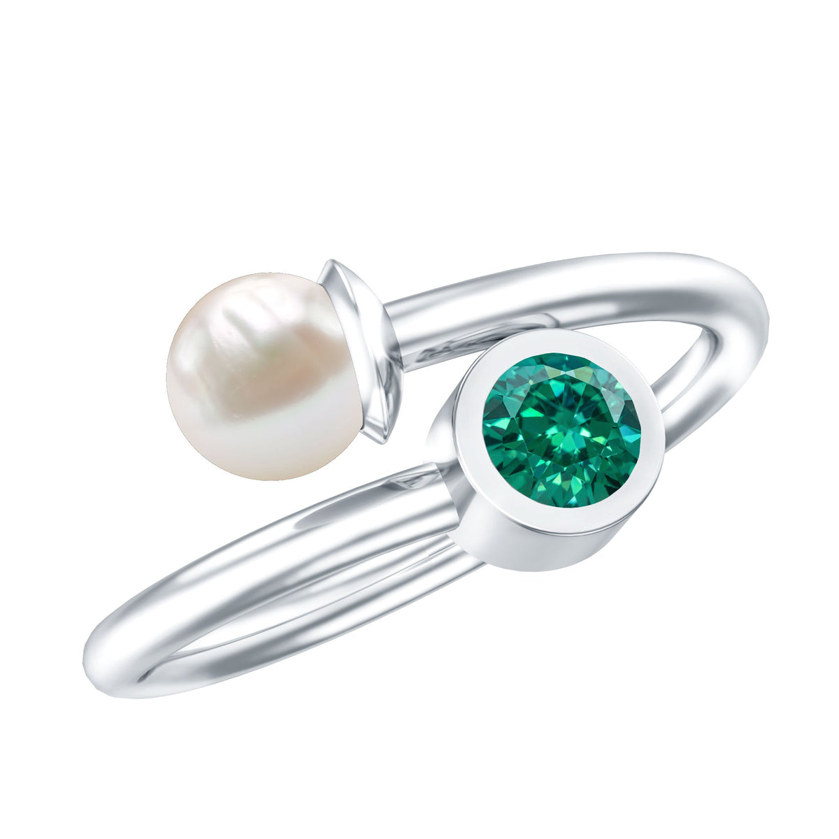 Toi Et Moi Promise Ring – Freshwater Pearl & Lab Created Emerald Wrap Style Design