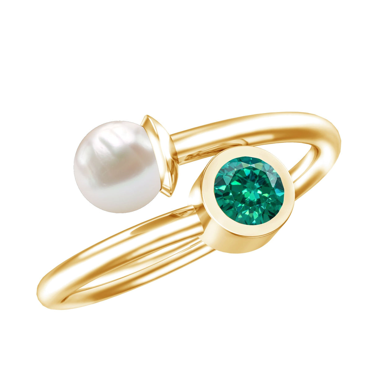 Toi Et Moi Promise Ring – Freshwater Pearl & Lab Created Emerald Wrap Style Design