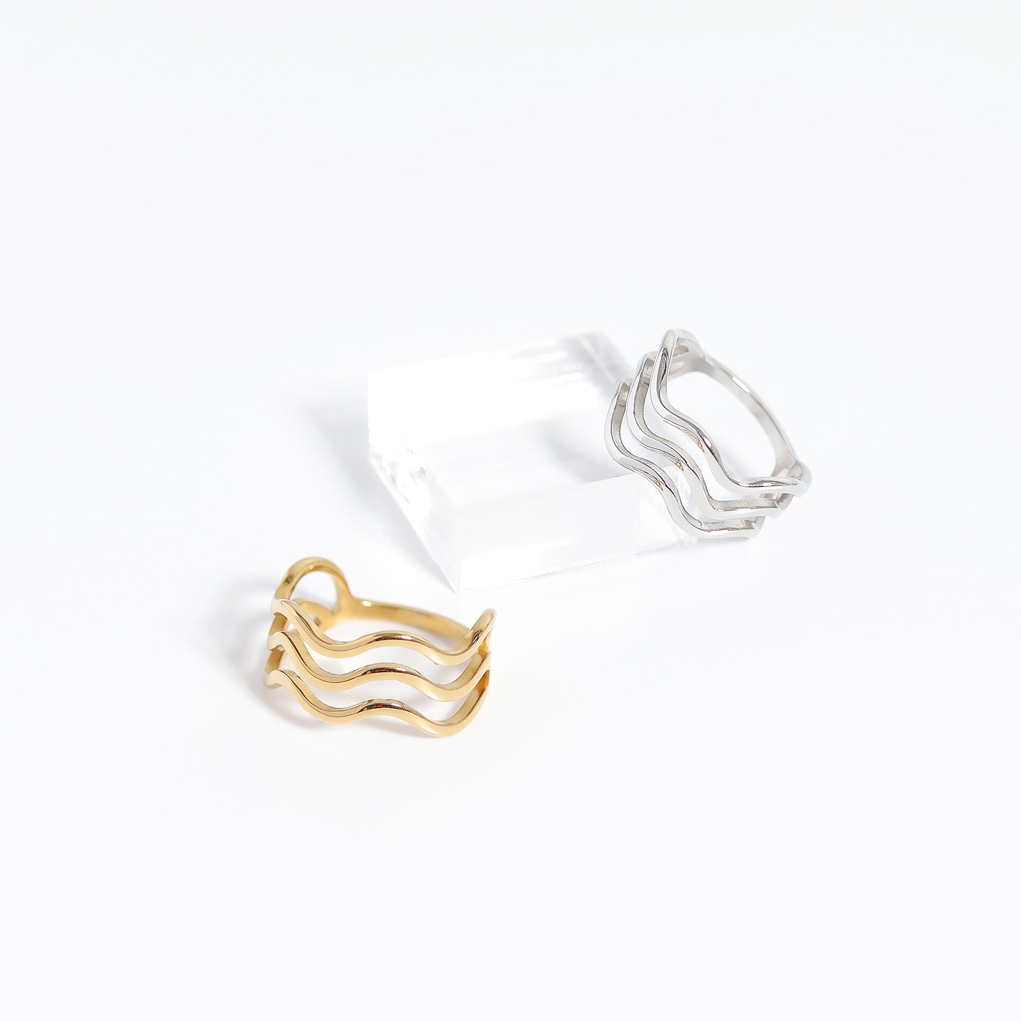 Gold Geometric Ring – 18K Gold Stainless Steel Triple Wave Band, Scratch Resistant