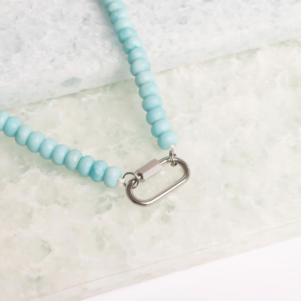 Turquoise Bead Necklace – Chunky Artisan Beads | Stainless Steel Carabiner Clasp - Necklaces | Sunflower Soul Boutique