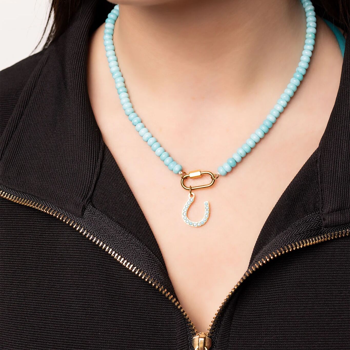 Turquoise Bead Necklace – Chunky Artisan Beads | Stainless Steel Carabiner Clasp - Necklaces | Sunflower Soul Boutique