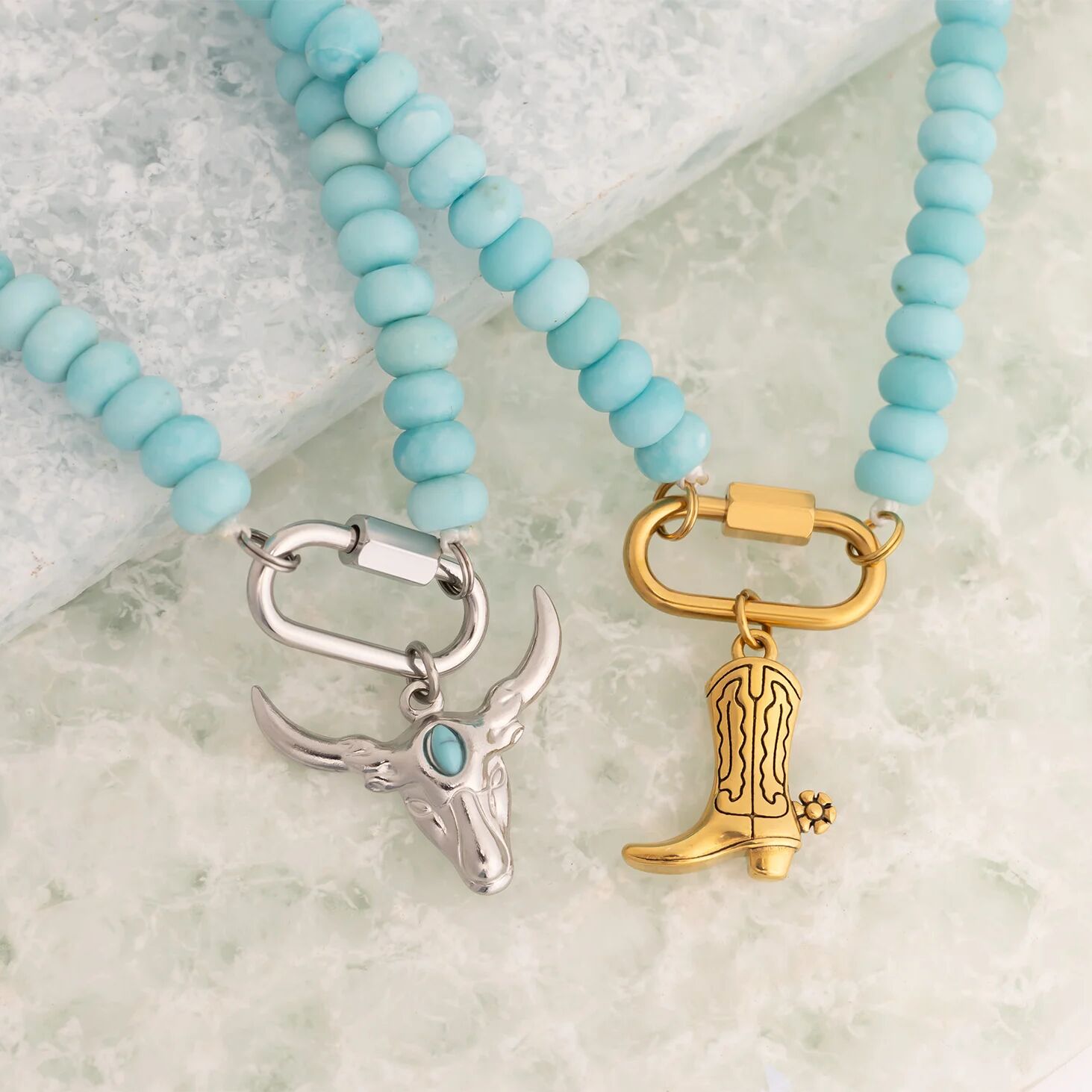 Turquoise Bead Necklace – Chunky Artisan Beads | Stainless Steel Carabiner Clasp - Necklaces | Sunflower Soul Boutique