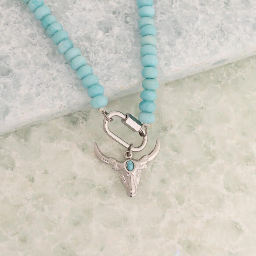 Turquoise Bead Necklace – Chunky Artisan Beads | Stainless Steel Carabiner Clasp - Necklaces | Sunflower Soul Boutique