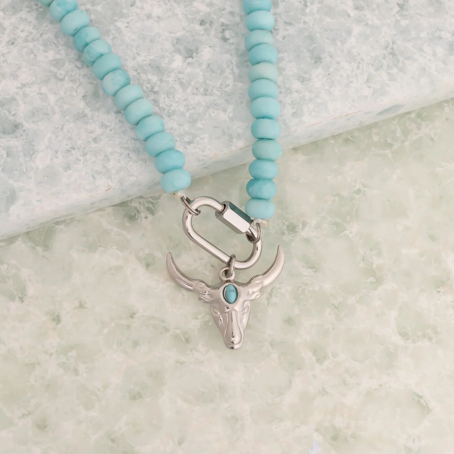 Turquoise Bead Necklace – Chunky Artisan Beads | Stainless Steel Carabiner Clasp - Necklaces | Sunflower Soul Boutique