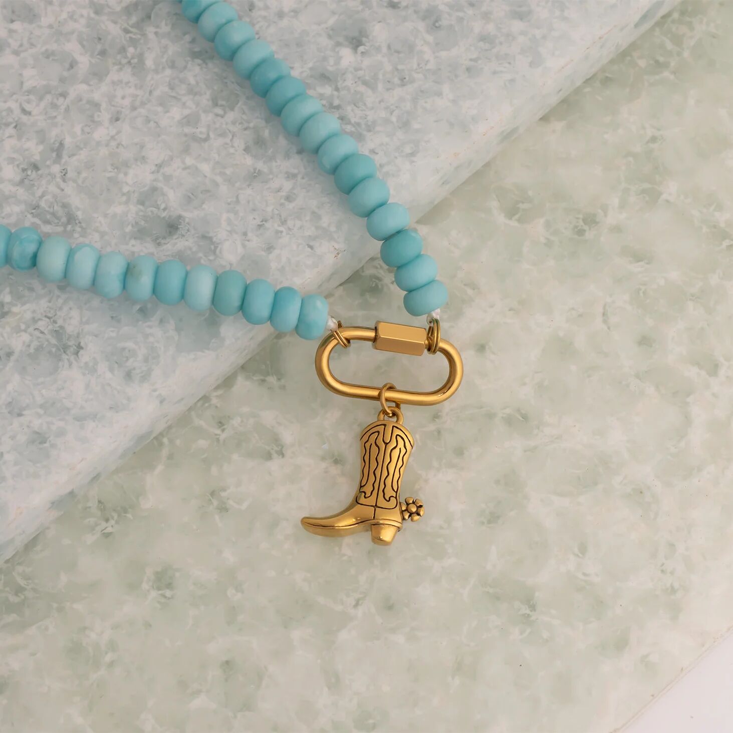 Turquoise Bead Necklace – Chunky Artisan Beads | Stainless Steel Carabiner Clasp - Necklaces | Sunflower Soul Boutique