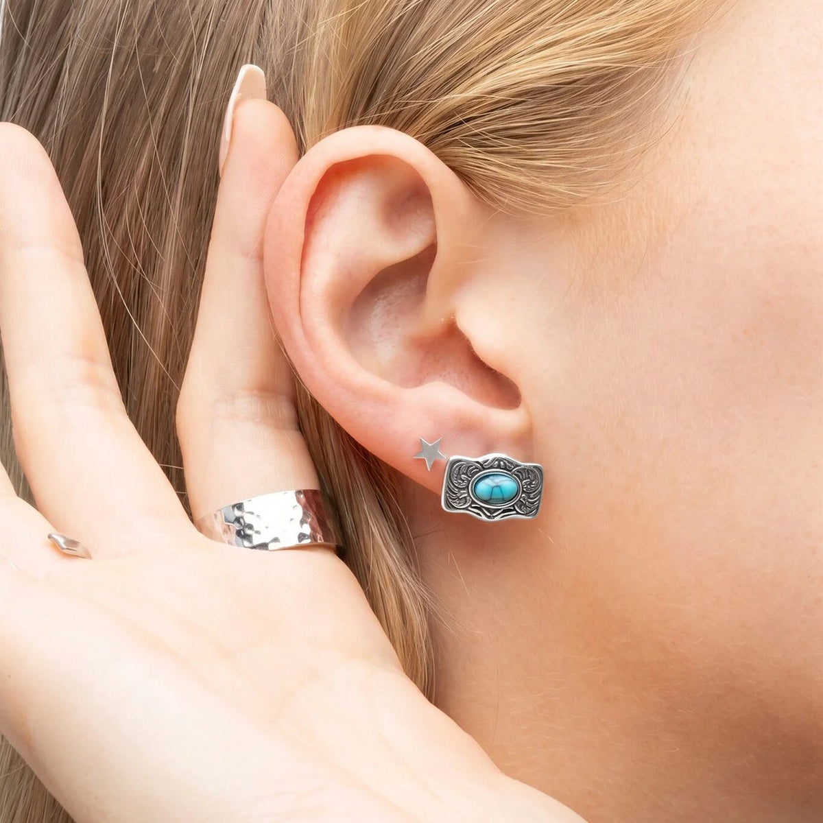 18K Gold PVD Stainless Steel Turquoise Stone Buckle Stud Earrings- silver model