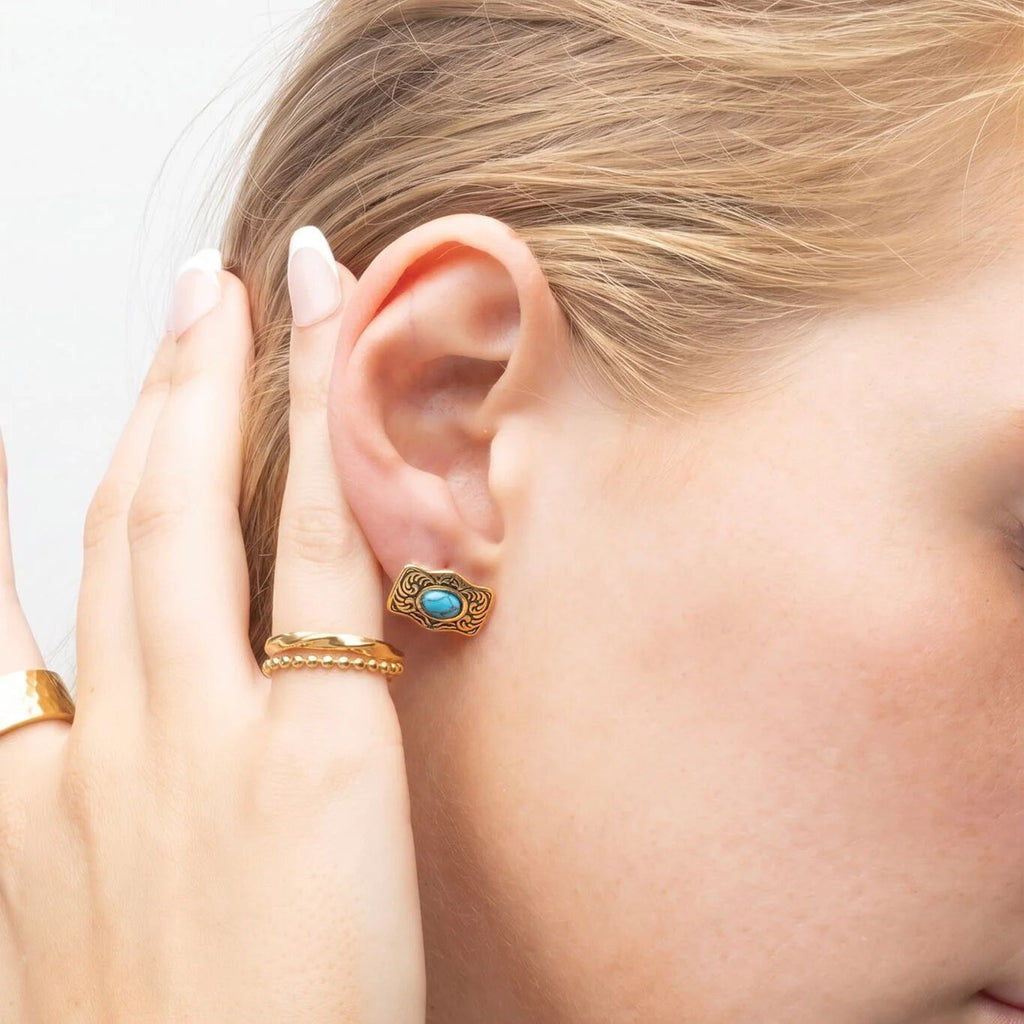 18K Gold PVD Stainless Steel Turquoise Stone Buckle Stud Earrings- gold model