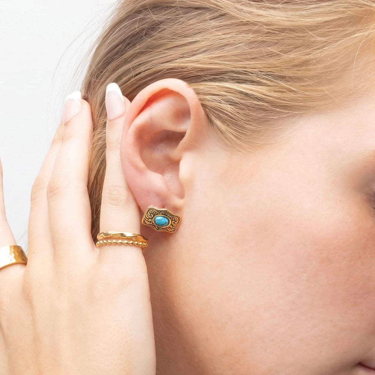 18K Gold PVD Stainless Steel Turquoise Stone Buckle Stud Earrings- gold model