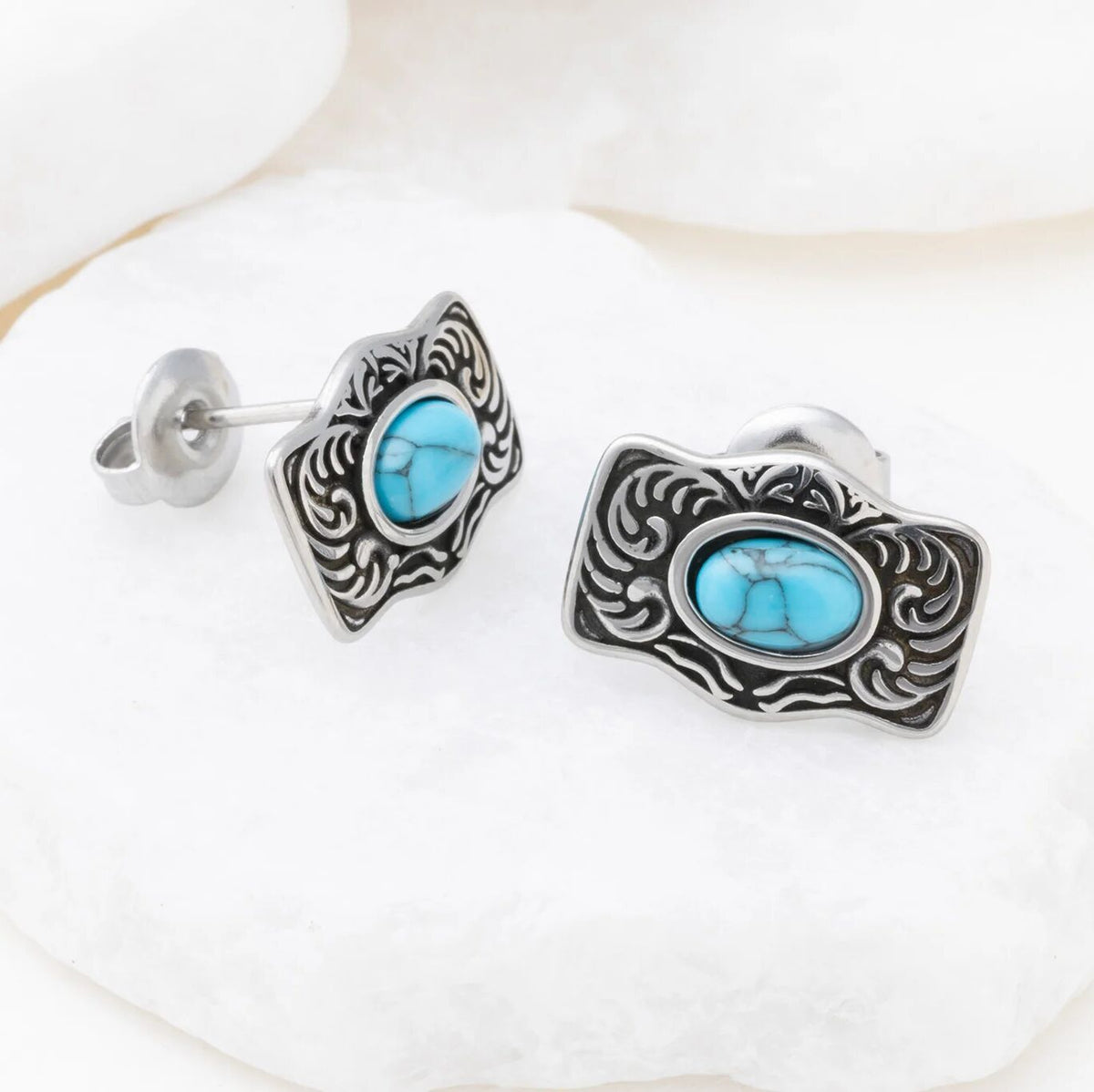 18K Gold PVD Stainless Steel Turquoise Stone Buckle Stud Earrings- silver studio
