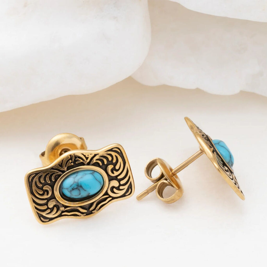 18K Gold PVD Stainless Steel Turquoise Stone Buckle Stud Earrings- gold studio