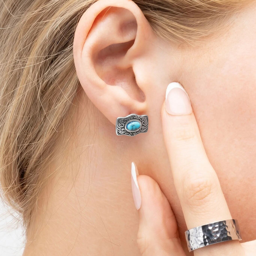 18K Gold PVD Stainless Steel Turquoise Stone Buckle Stud Earrings-silver model