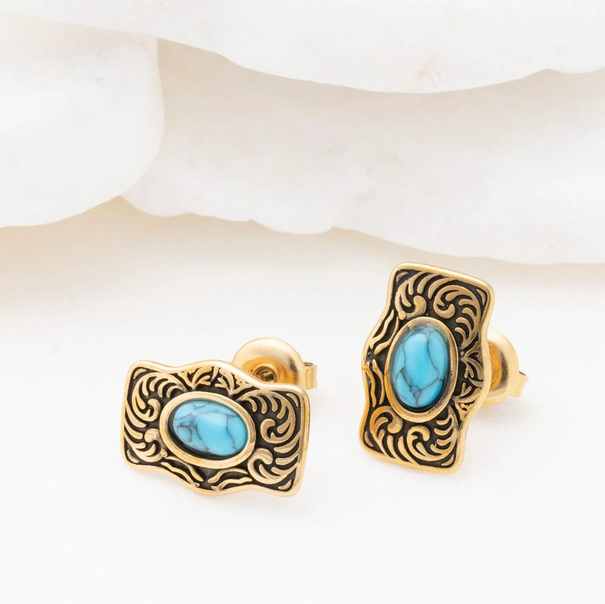 18K Gold PVD Stainless Steel Turquoise Stone Buckle Stud Earrings- gold studio