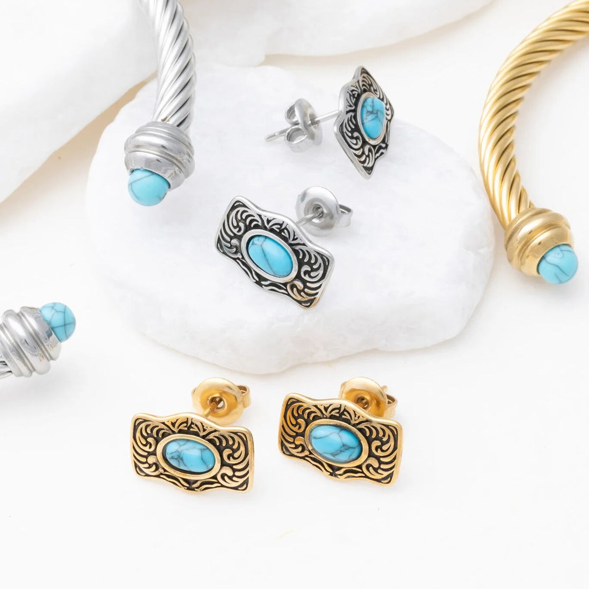 18K Gold PVD Stainless Steel Turquoise Stone Buckle Stud Earrings- Turquoise collection shot