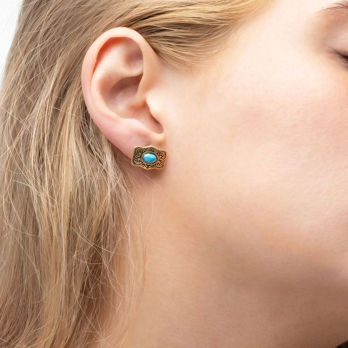 18K Gold PVD Stainless Steel Turquoise Stone Buckle Stud Earrings- gold model