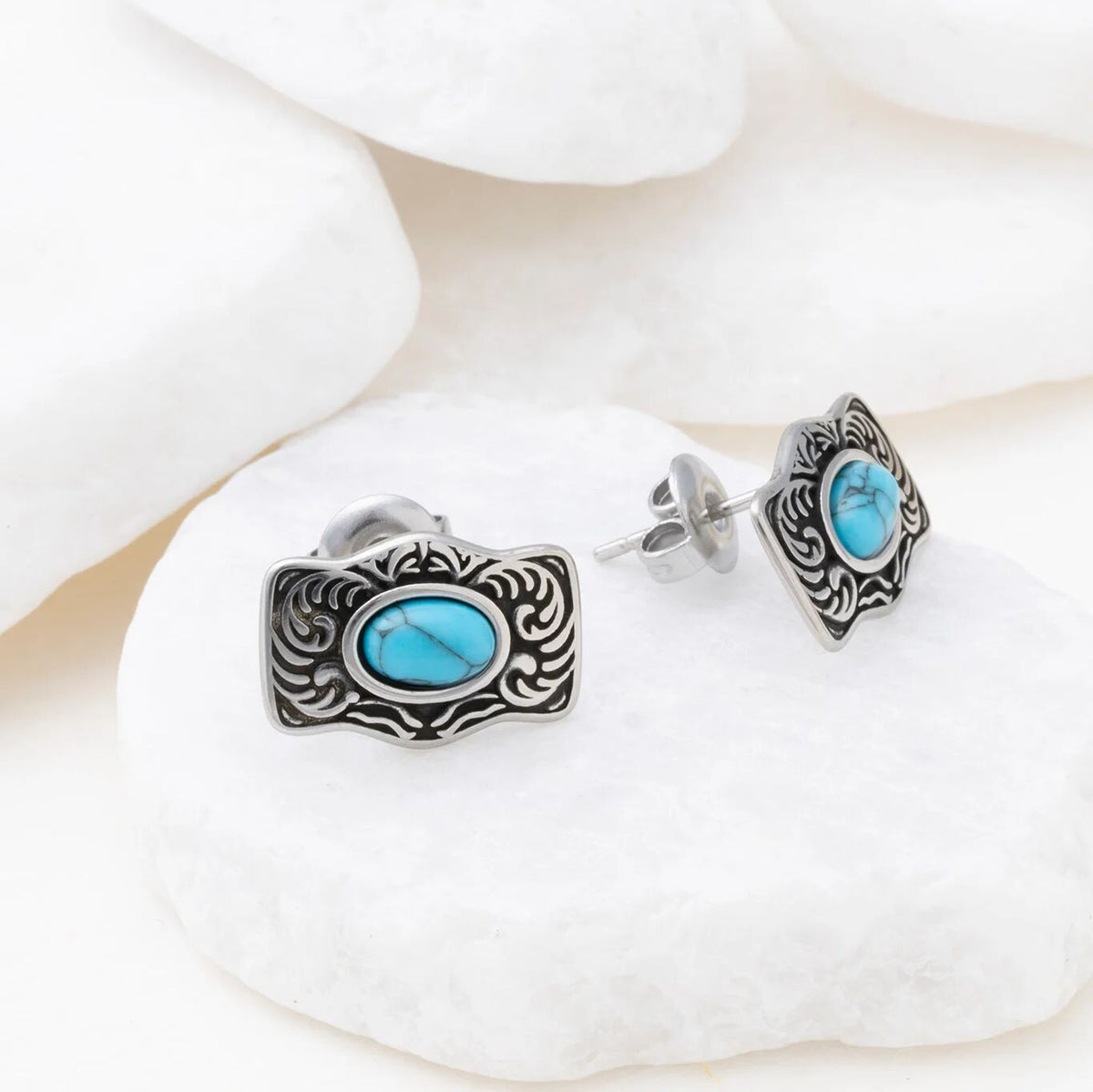 18K Gold PVD Stainless Steel Turquoise Stone Buckle Stud Earrings- silver studio
