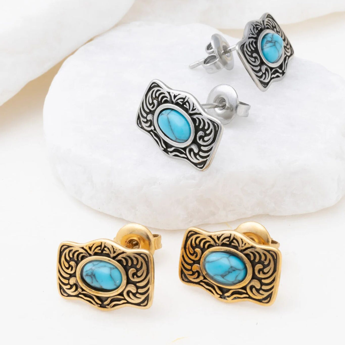 18K Gold PVD Stainless Steel Turquoise Stone Buckle Stud Earrings- gold and silver studio
