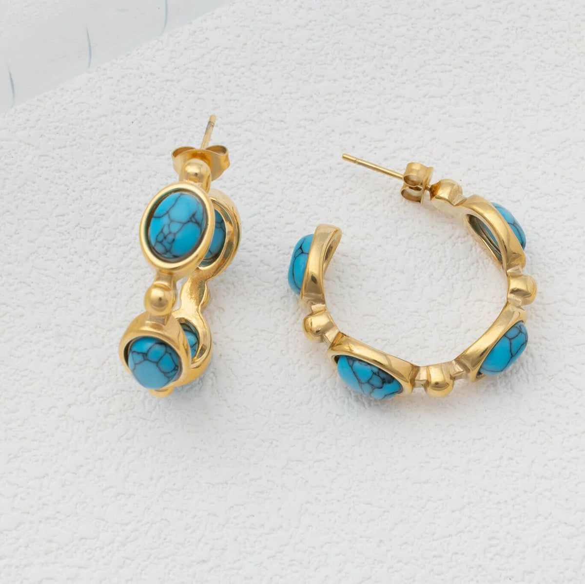 18K Gold PVD Stainless Steel Turquoise Stone Huggie Earrings- gold studio