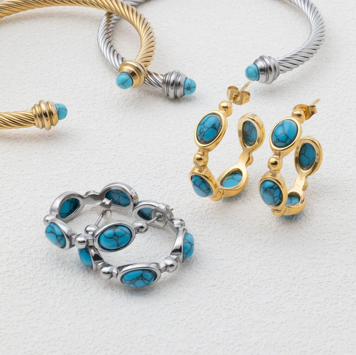 18K Gold PVD Stainless Steel Turquoise Stone Huggie Earrings- gold and stainless turquoise collection shot