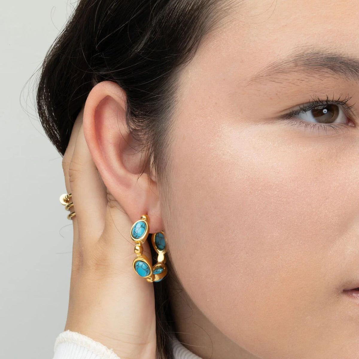 18K Gold PVD Stainless Steel Turquoise Stone Huggie Earrings- gold model