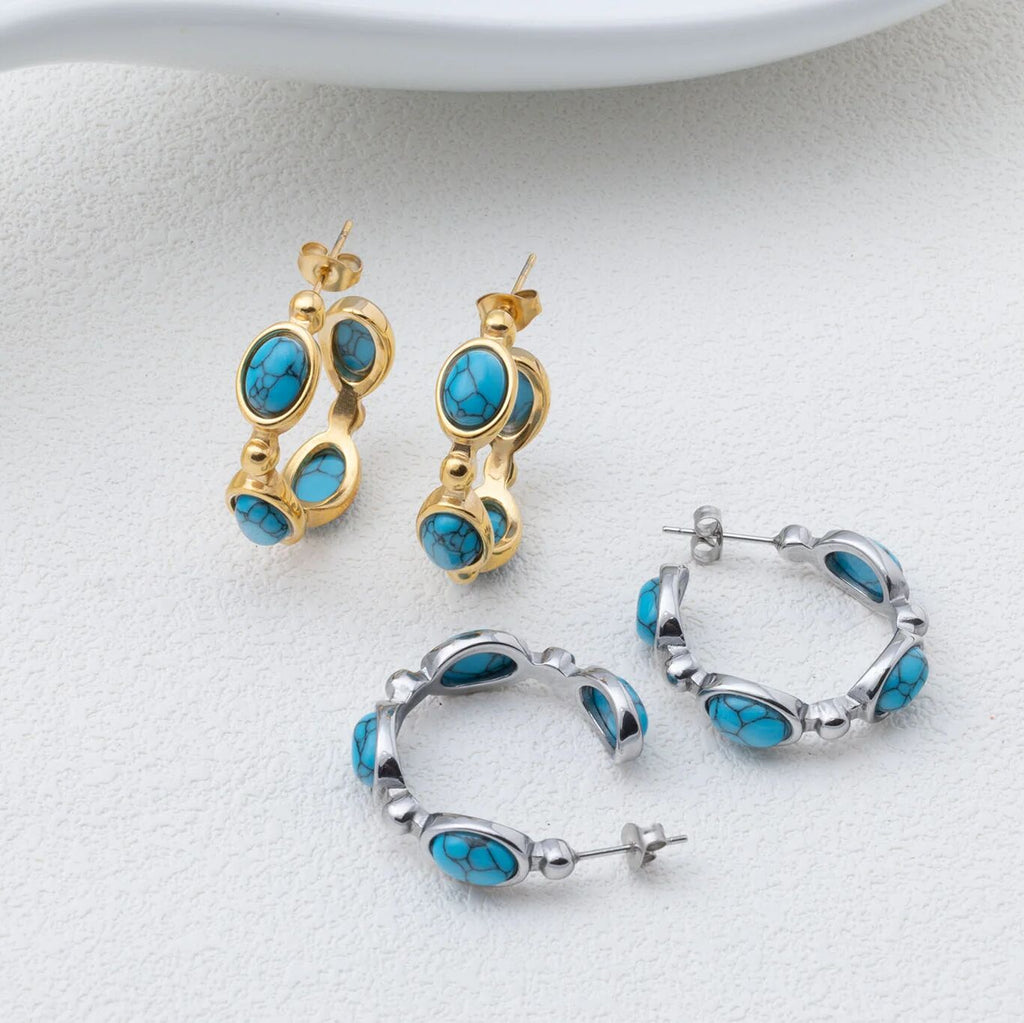 18K Gold PVD Stainless Steel Turquoise Stone Huggie Earrings- gold and stainless studio