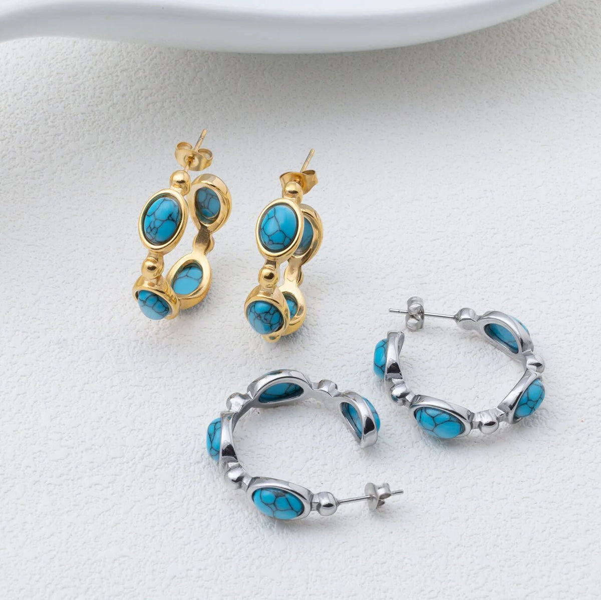 18K Gold PVD Stainless Steel Turquoise Stone Huggie Earrings- gold and stainless studio