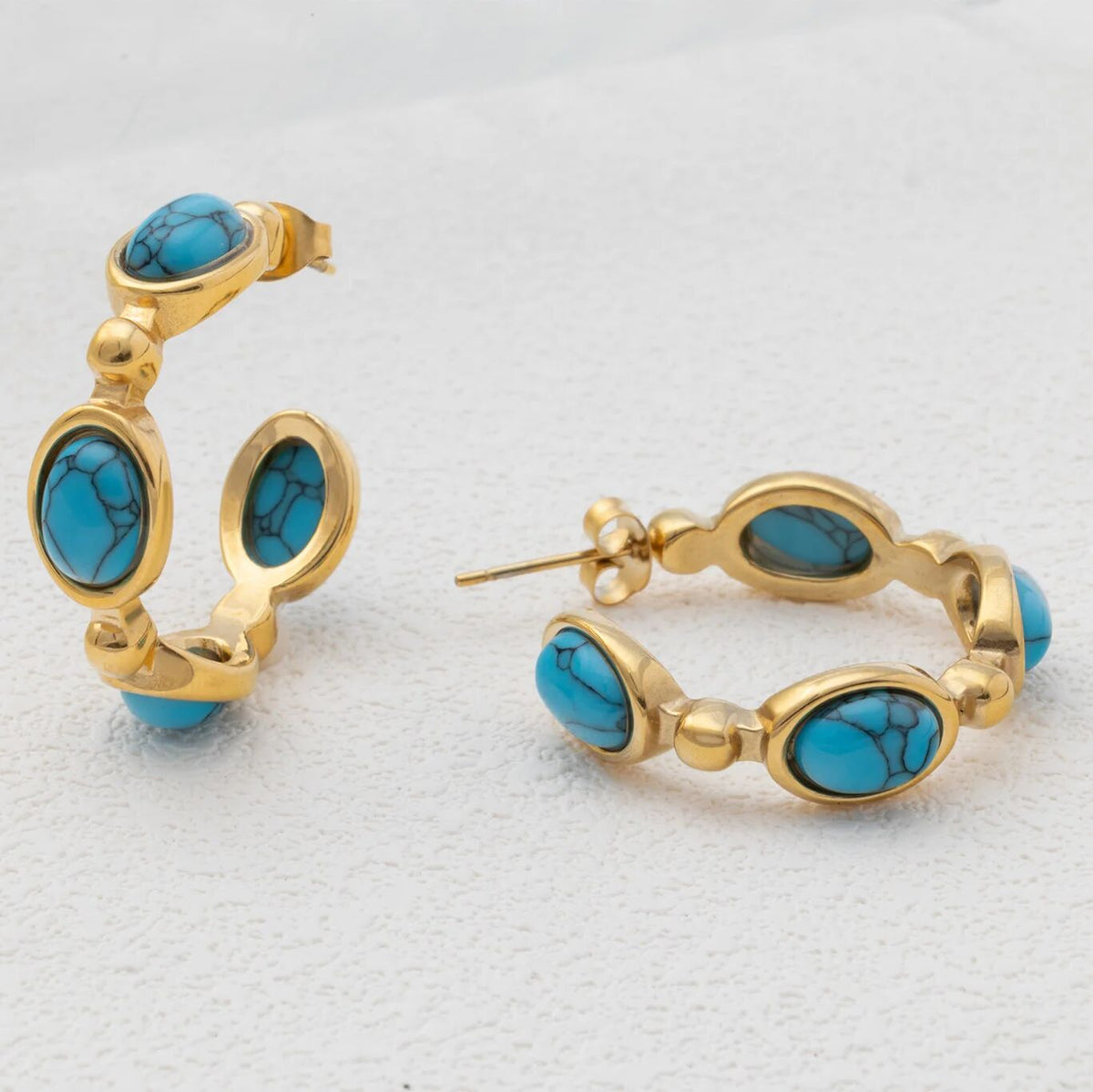 18K Gold PVD Stainless Steel Turquoise Stone Huggie Earrings- gold studio