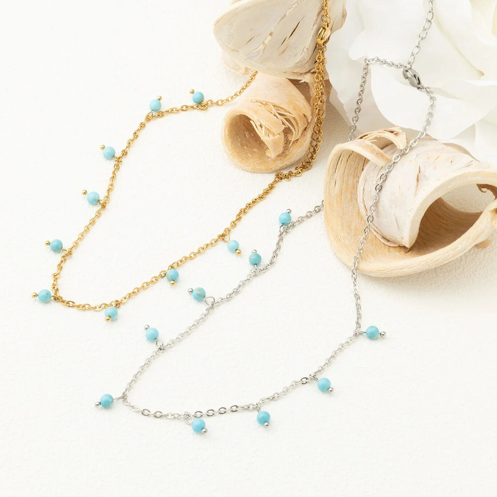 18K Gold PVD Stainless Steel Dangle Turquoise Stone Necklace- gold and silver studio