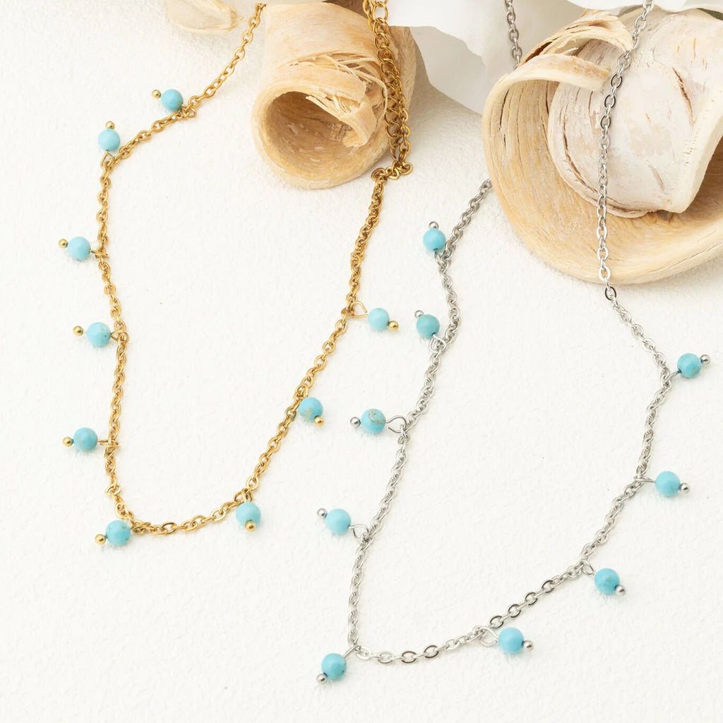 18K Gold PVD Stainless Steel Dangle Turquoise Stone Necklace- silver and gold studio