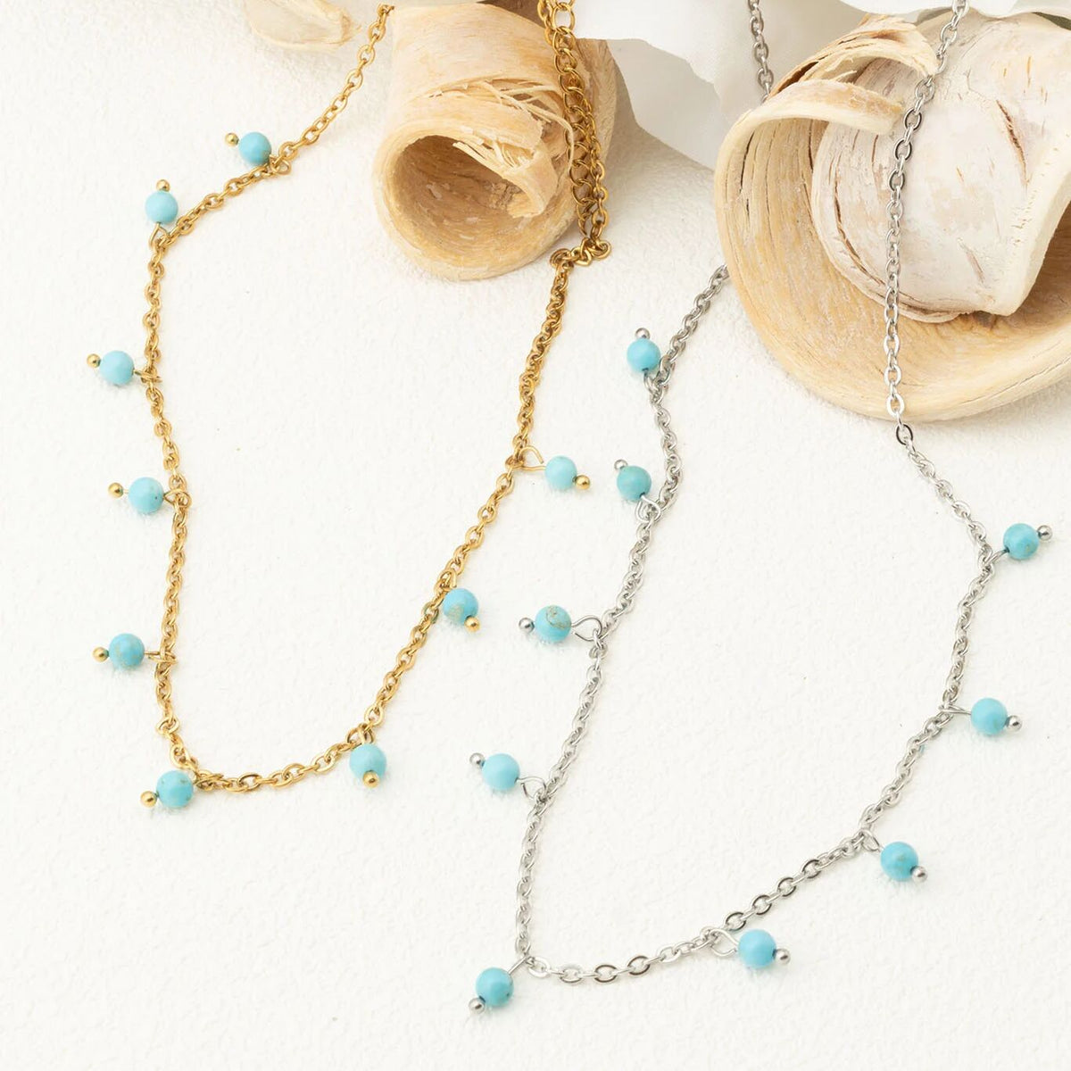 18K Gold PVD Stainless Steel Dangle Turquoise Stone Necklace- silver and gold studio