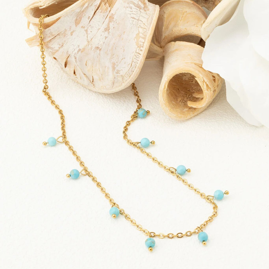 18K Gold PVD Stainless Steel Dangle Turquoise Stone Necklace- gold studio