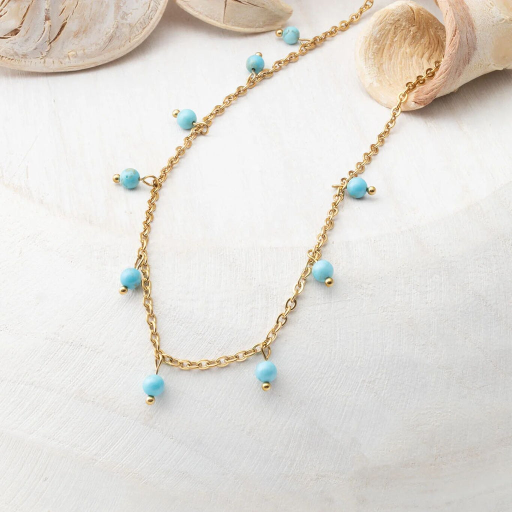 18K Gold PVD Stainless Steel Dangle Turquoise Stone Necklace- gold studio