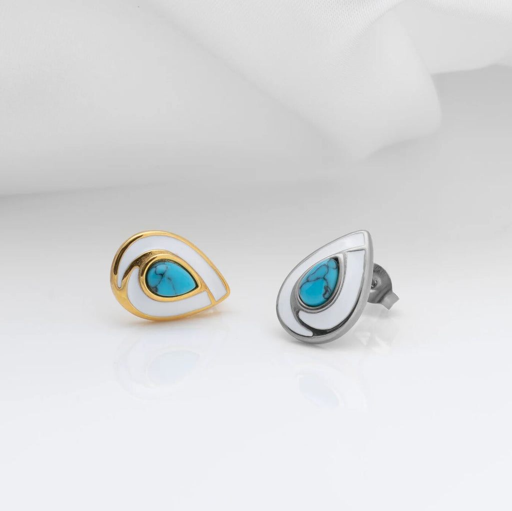 18K Gold PVD Stainless Steel Turquoise Tear Drop Stud Earrings- silver and gold
