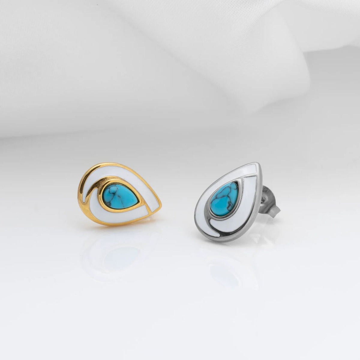18K Gold PVD Stainless Steel Turquoise Tear Drop Stud Earrings- silver and gold