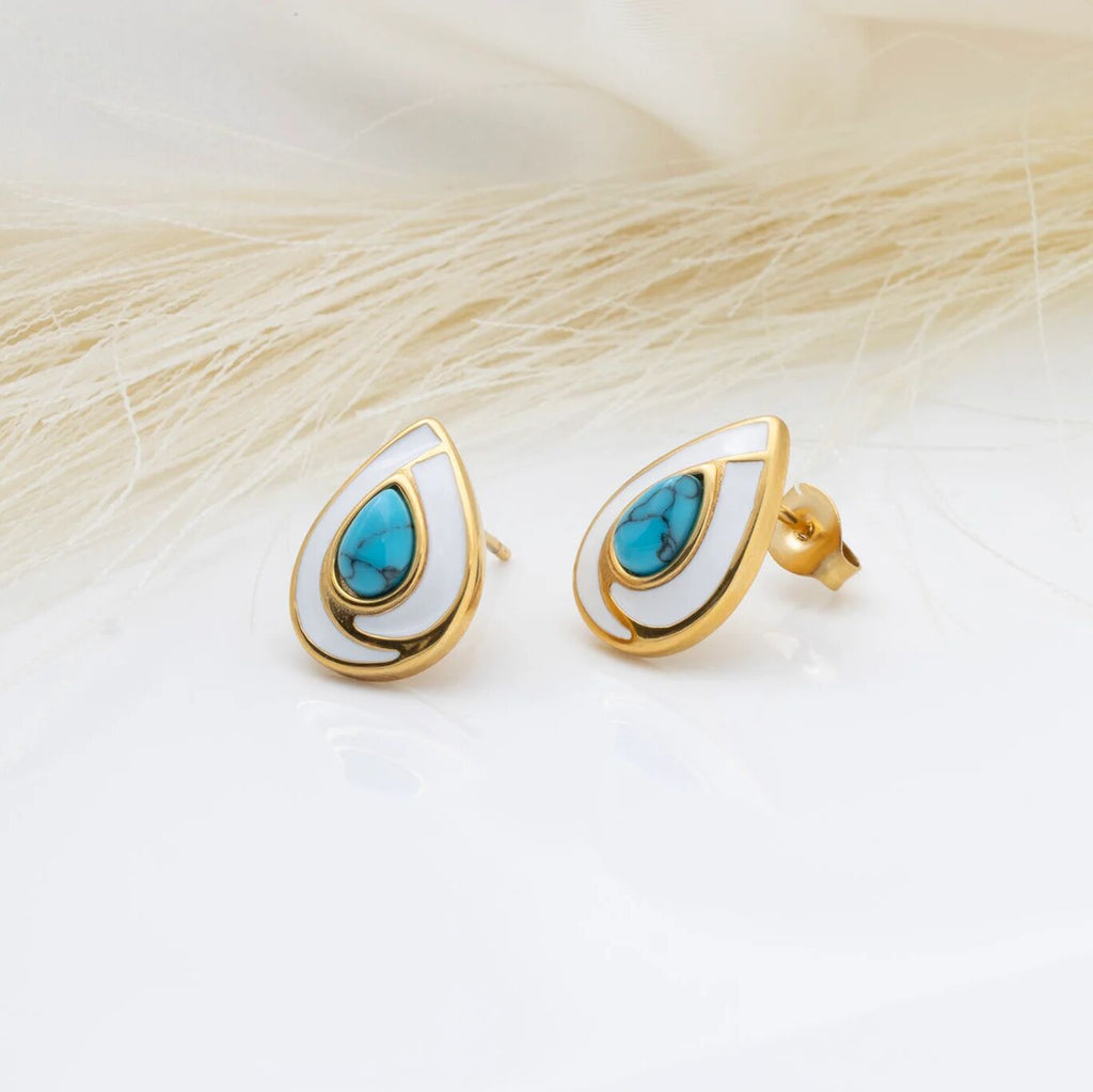 18K Gold PVD Stainless Steel Turquoise Tear Drop Stud Earrings- gold studio