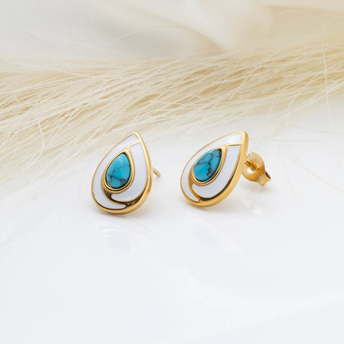 18K Gold PVD Stainless Steel Turquoise Tear Drop Stud Earrings- gold studio