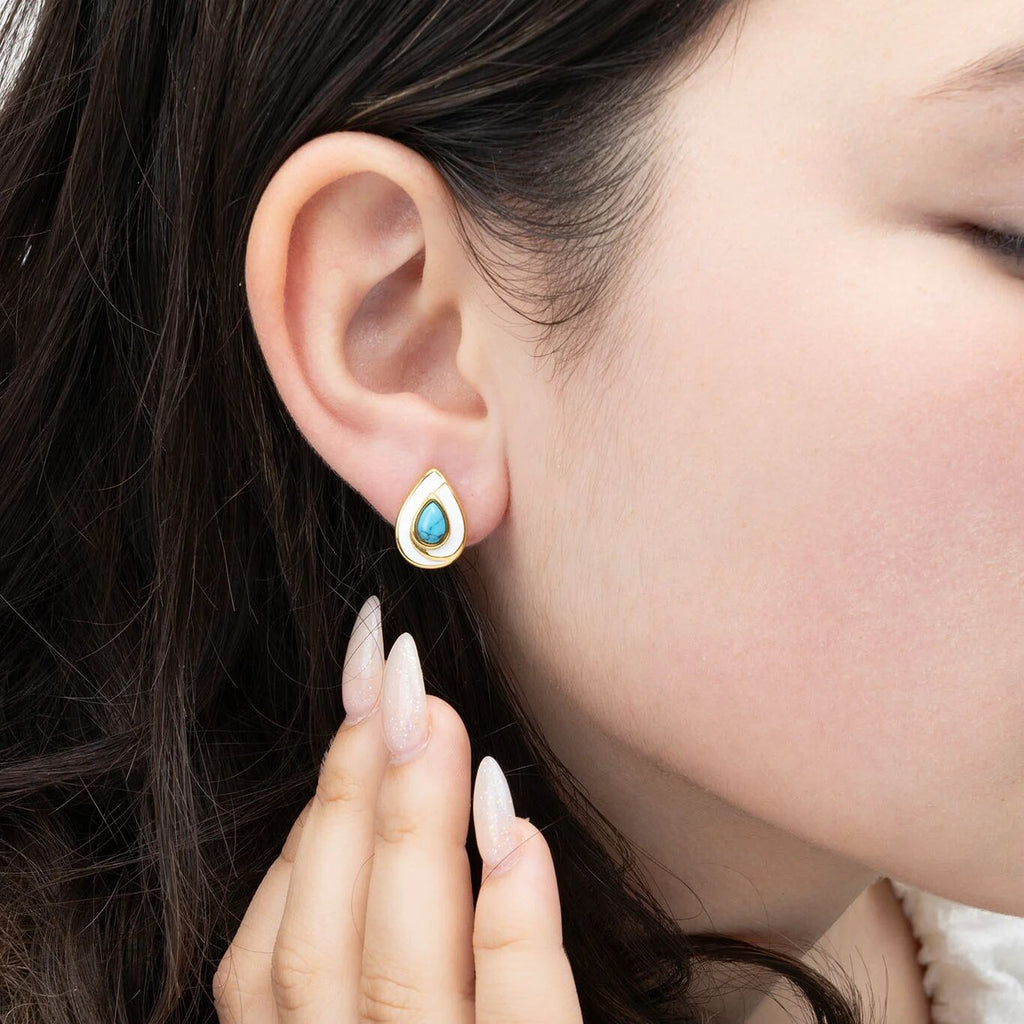 18K Gold PVD Stainless Steel Turquoise Tear Drop Stud Earrings- gold model