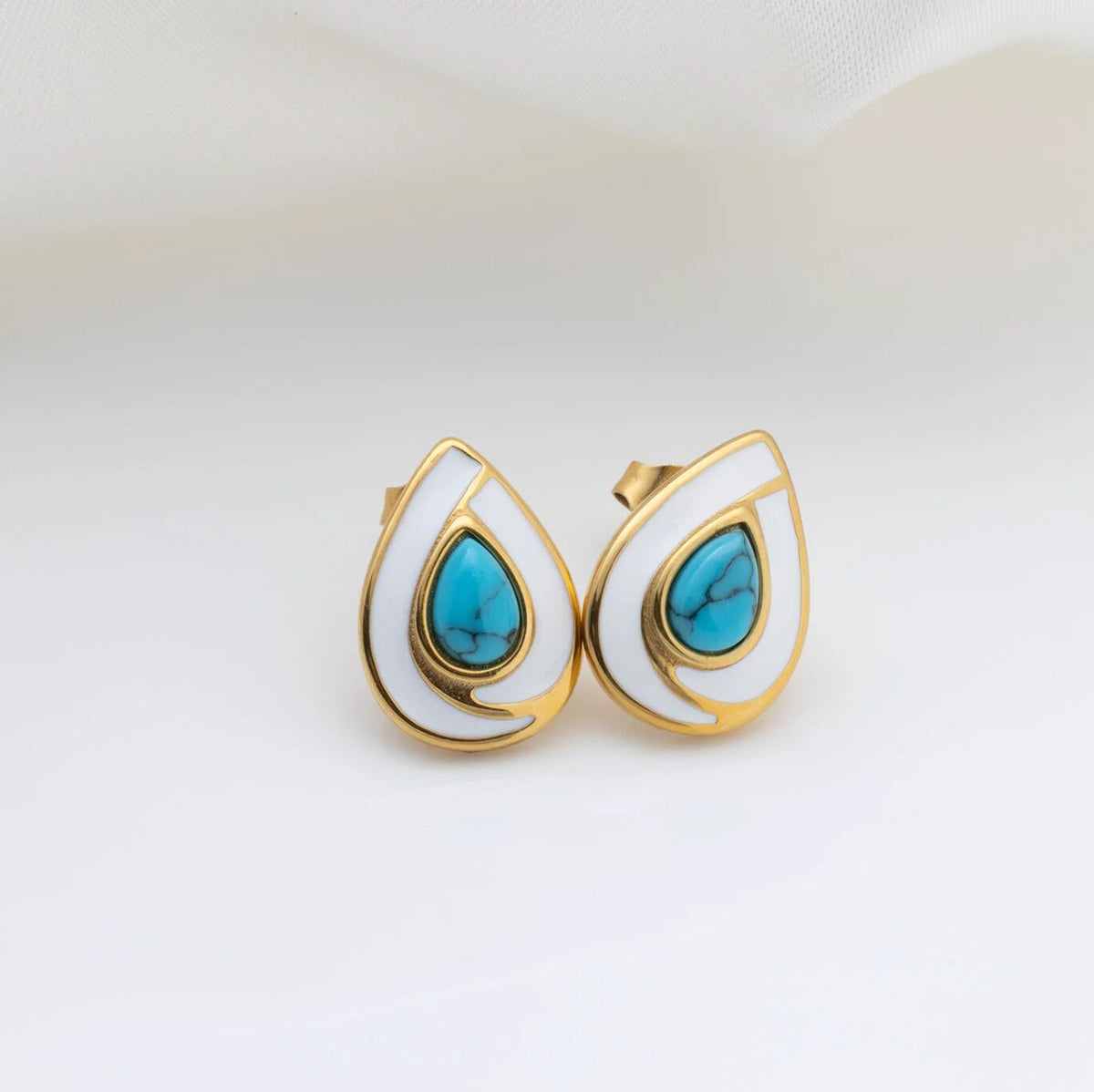 18K Gold PVD Stainless Steel Turquoise Tear Drop Stud Earrings- gold studio