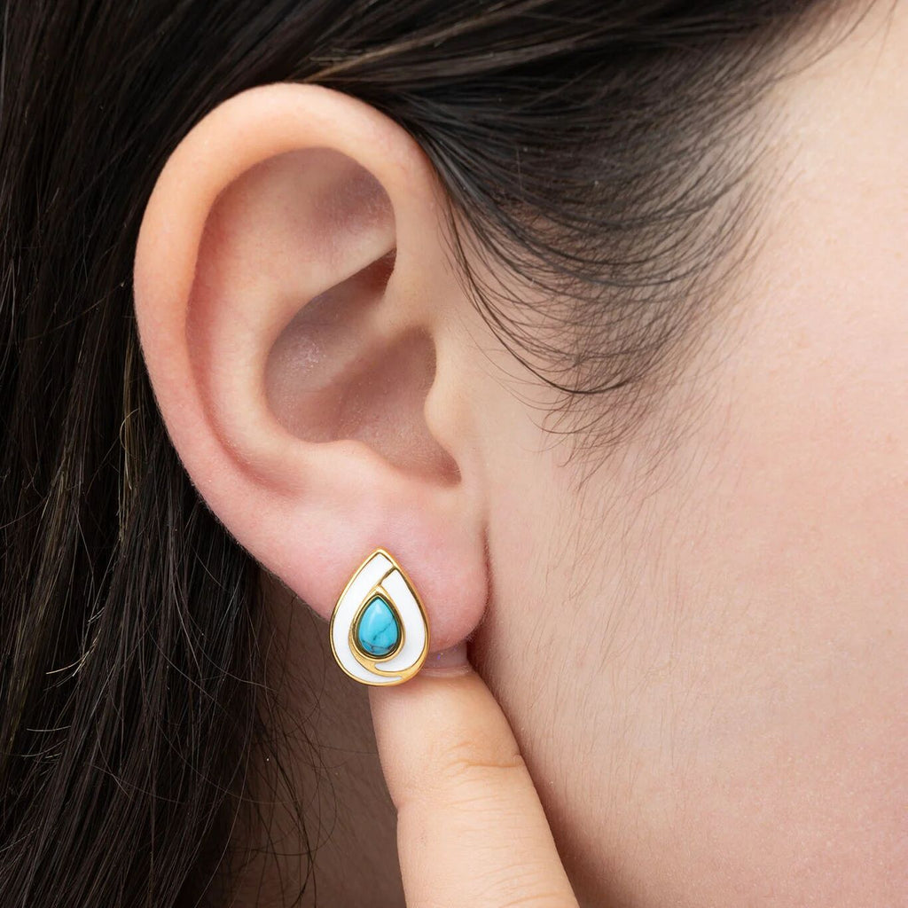 18K Gold PVD Stainless Steel Turquoise Tear Drop Stud Earrings- gold model
