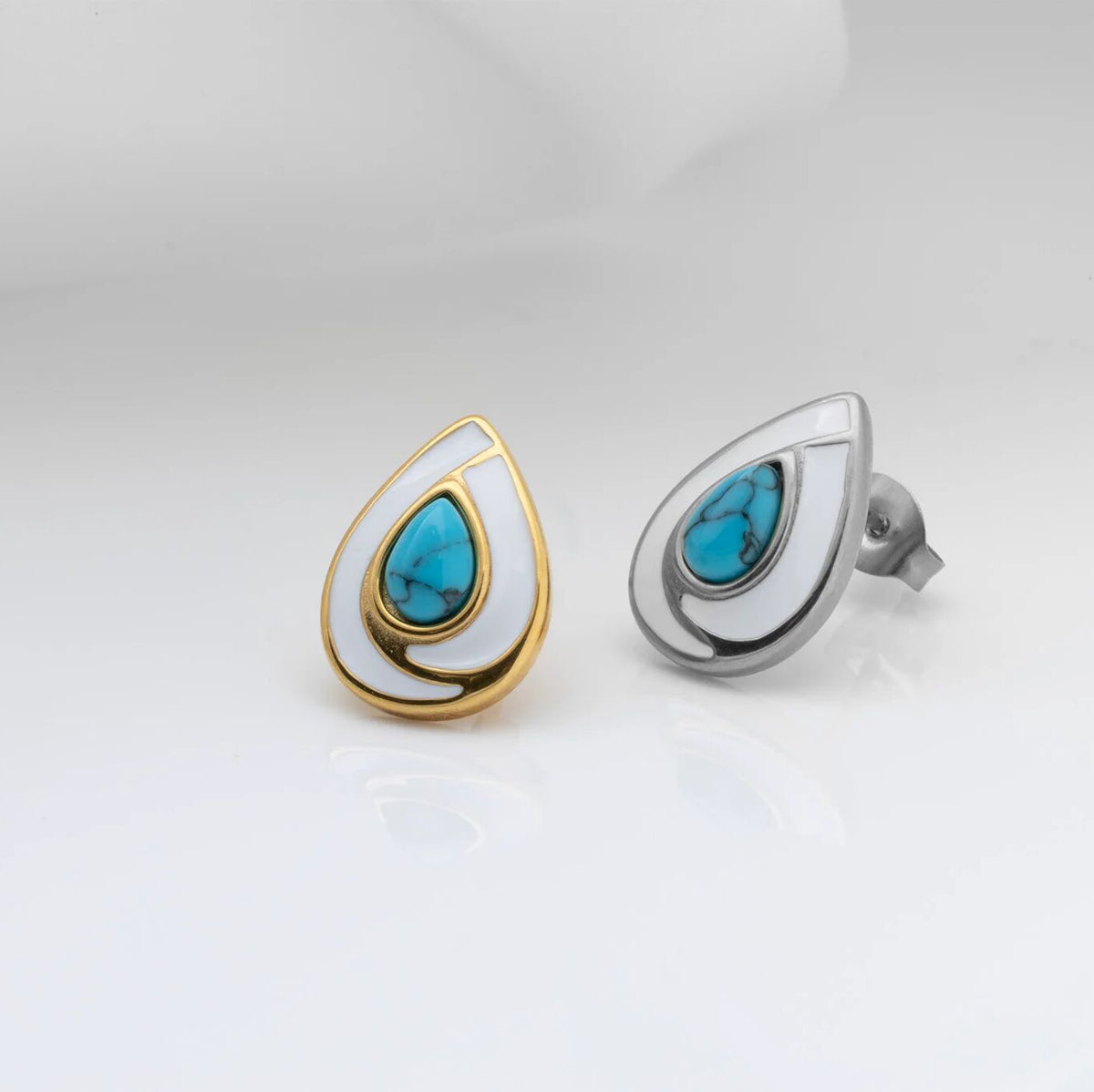 18K Gold PVD Stainless Steel Turquoise Tear Drop Stud Earrings- gold and silver studio