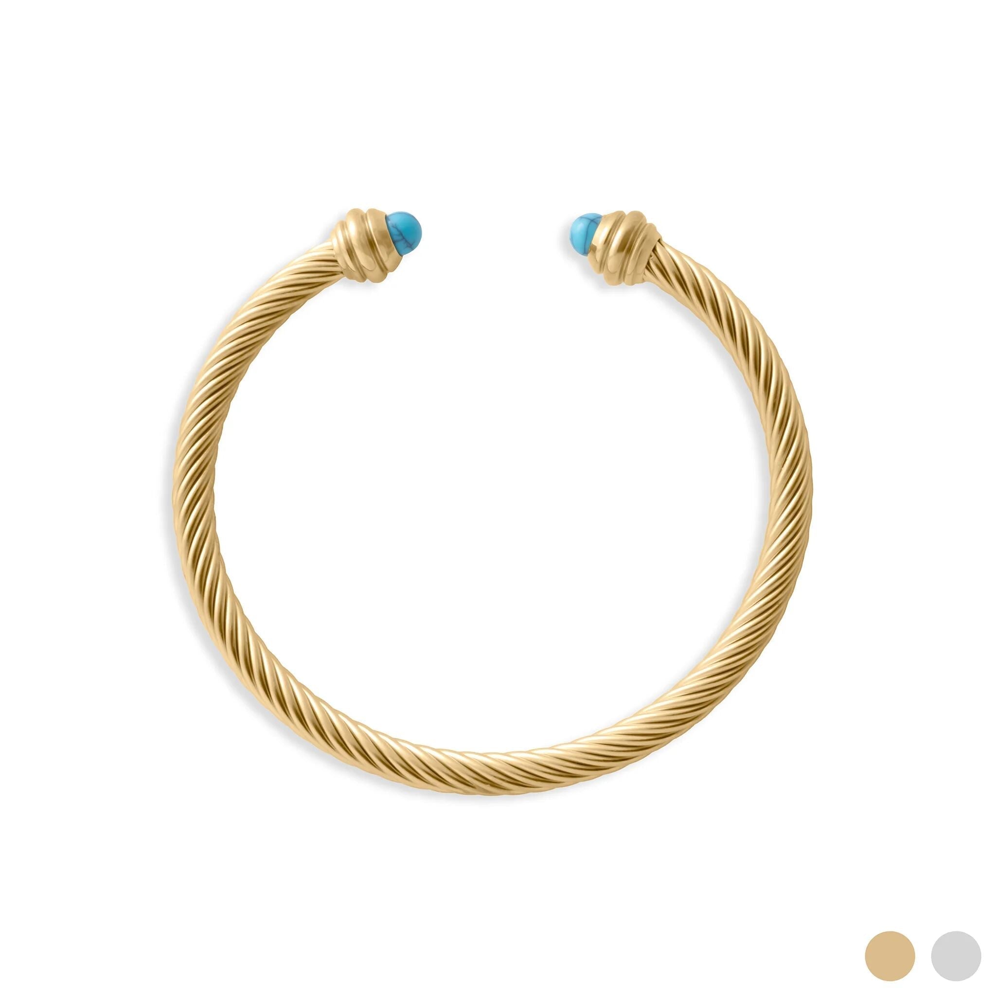 Turquoise Twisted Bangle – Gold Bangle Bracelet With Textured Wrist Cuff - Bracelets | Sunflower Soul Boutique