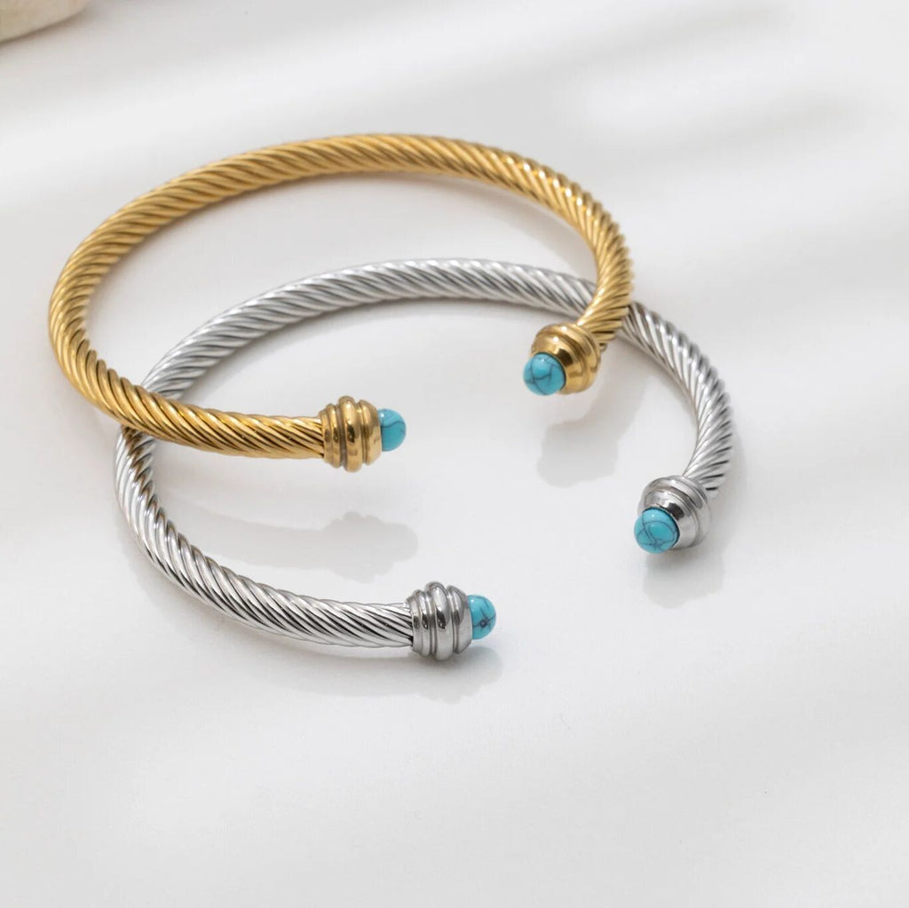 Turquoise Twisted Bangle – Gold Bangle Bracelet With Textured Wrist Cuff - Bracelets | Sunflower Soul Boutique