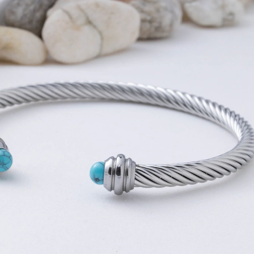 Turquoise Twisted Bangle – Gold Bangle Bracelet With Textured Wrist Cuff - Bracelets | Sunflower Soul Boutique
