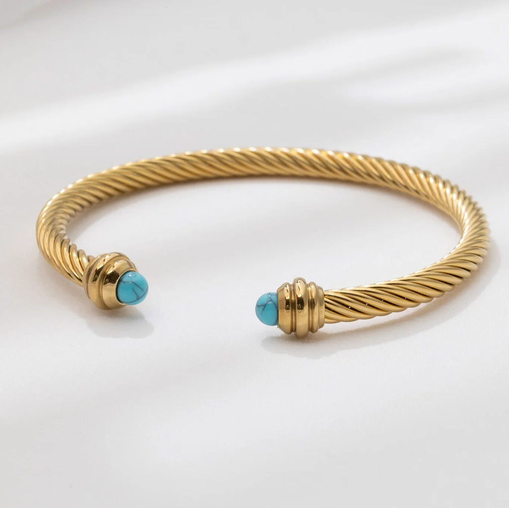 Turquoise Twisted Bangle – Gold Bangle Bracelet With Textured Wrist Cuff - Bracelets | Sunflower Soul Boutique