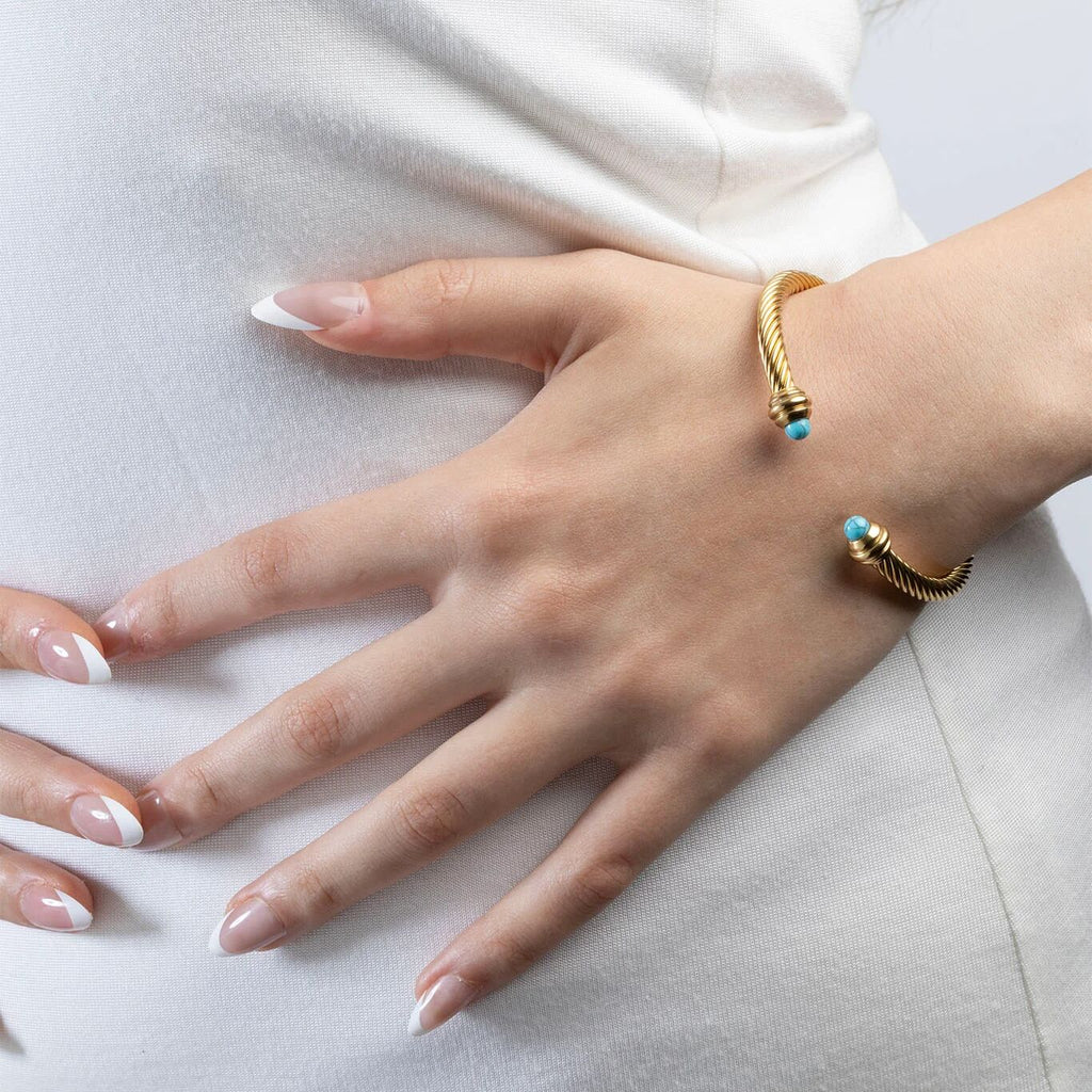 Turquoise Twisted Bangle – Gold Bangle Bracelet With Textured Wrist Cuff - Bracelets | Sunflower Soul Boutique